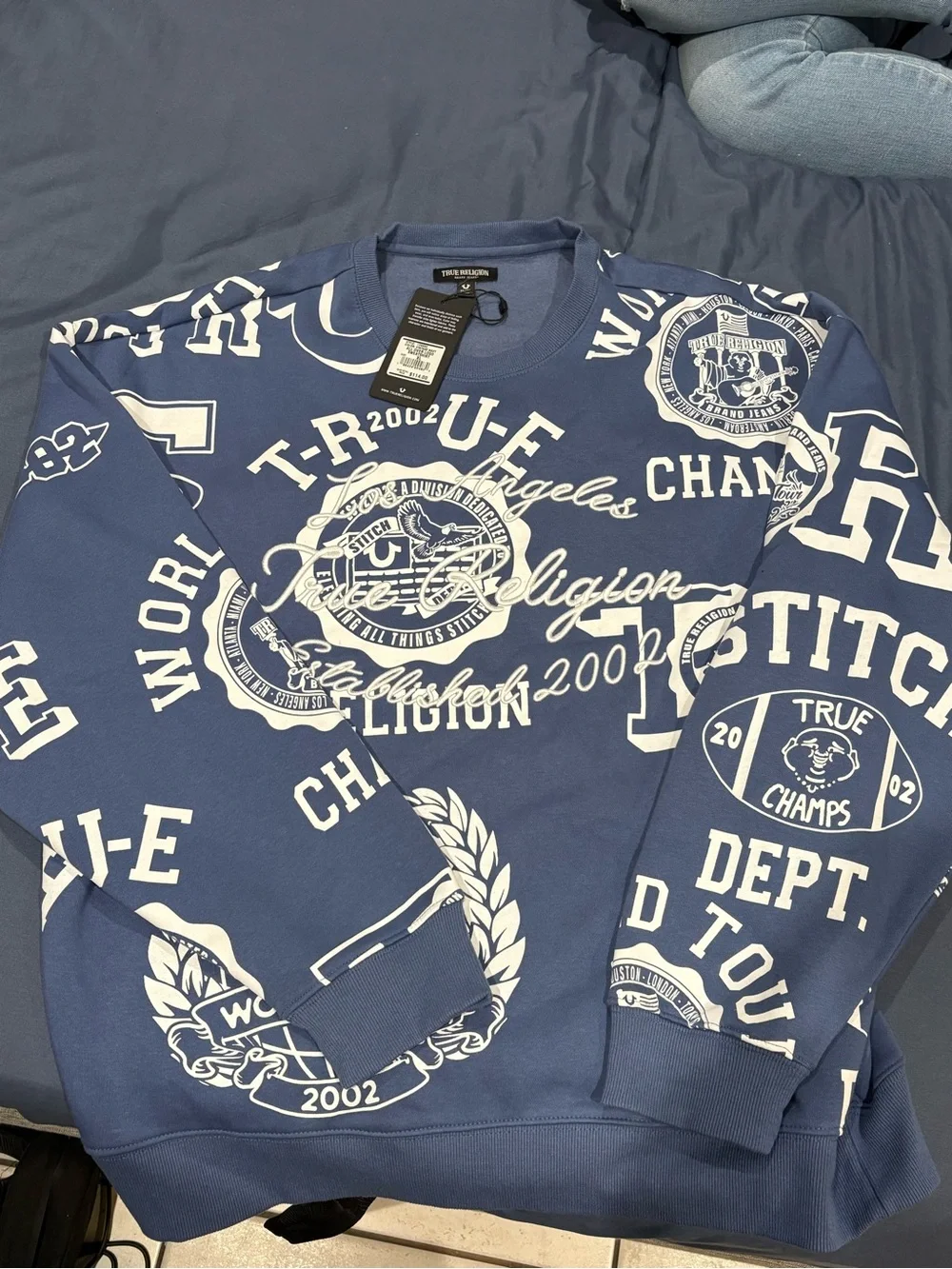 True Religion Blue All-Over Logo Graphic Crewneck Sweatshirt